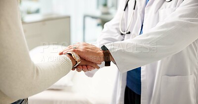Buy stock photo Hospital, doctor and comfort for patient, hands and healthcare support for diagnosis or medical care. Appointment, people and empathy for illness, trust and reassurance for help and healing in clinic