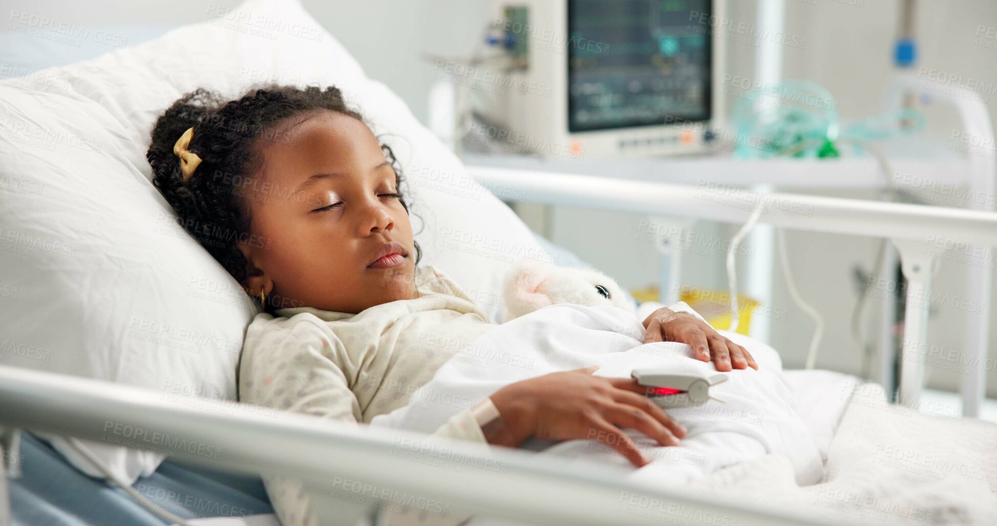 Buy stock photo Medical, sleeping and patient or child in hospital bed for icu recovery, immune system rehabilitation and sickness. Healthcare, pediatrician treatment and rest with kid in clinic for monitor progress