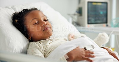 Buy stock photo Healthcare, sleeping and patient or child in hospital bed for icu recovery, immune system rehabilitation and sickness. Medical, pediatrician treatment and rest with kid in clinic for monitor progress