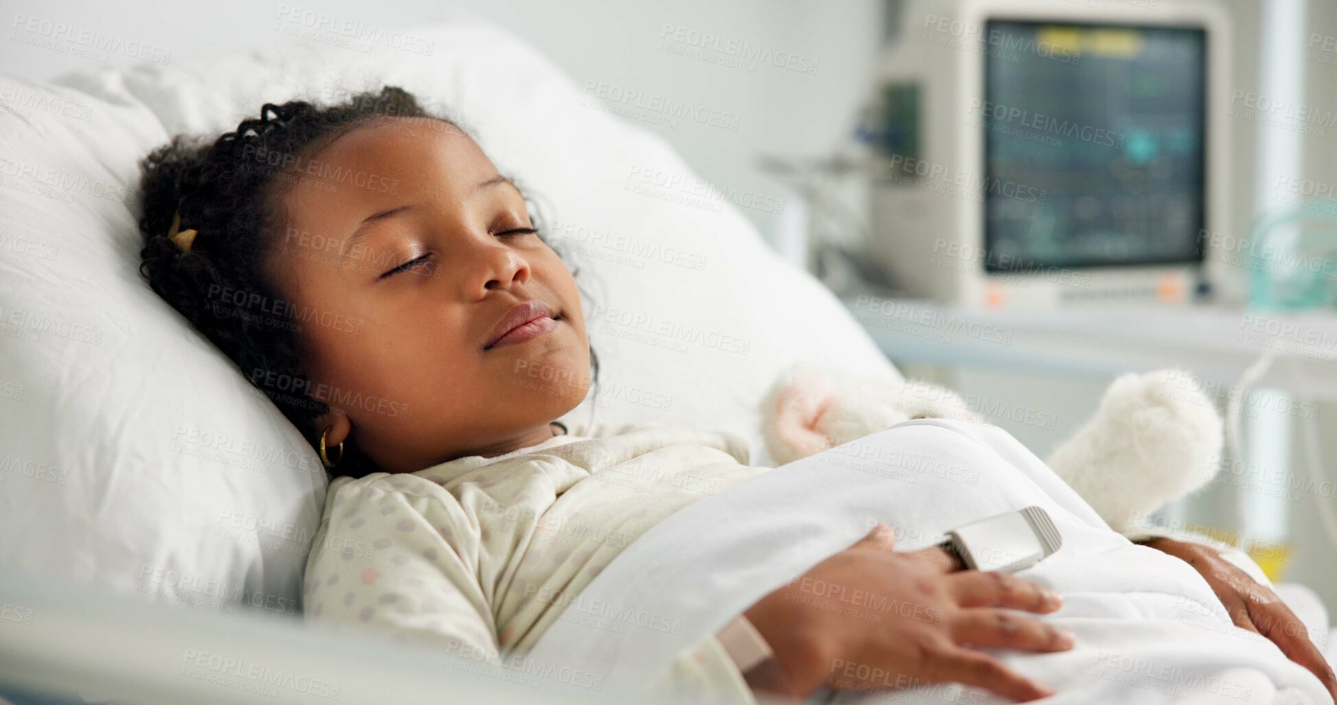Buy stock photo Healthcare, sleeping and patient or child in hospital bed for icu recovery, immune system rehabilitation and sickness. Medical, pediatrician treatment and rest with kid in clinic for monitor progress