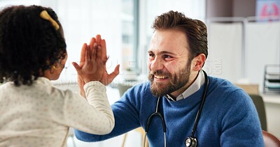 Buy stock photo High five, doctor o child in office for consultation, praise courage or calm behavior in appointment. Sick girl, man or celebrate for complete medical examination, pediatrician or healthcare support
