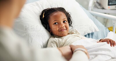 Buy stock photo Medical, smile and patient child in hospital bed for icu recovery, immune system rehabilitation and sickness. Healthcare, pediatrician treatment and parent with kid in clinic to monitor progress