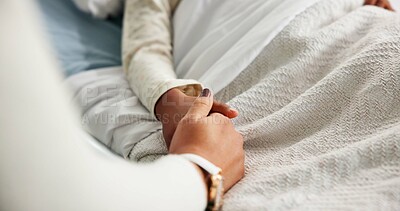 Buy stock photo Medical, holding hands and parent or child in hospital bed for icu recovery, immune system rehabilitation and family. Healthcare, pediatrician treatment and support with people in clinic for love