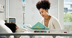 Medical, mother or child in hospital with book, bonding together or reading in post operation. Healthcare, literature or kid in clinic with storytelling, support or connection in surgery recovery.