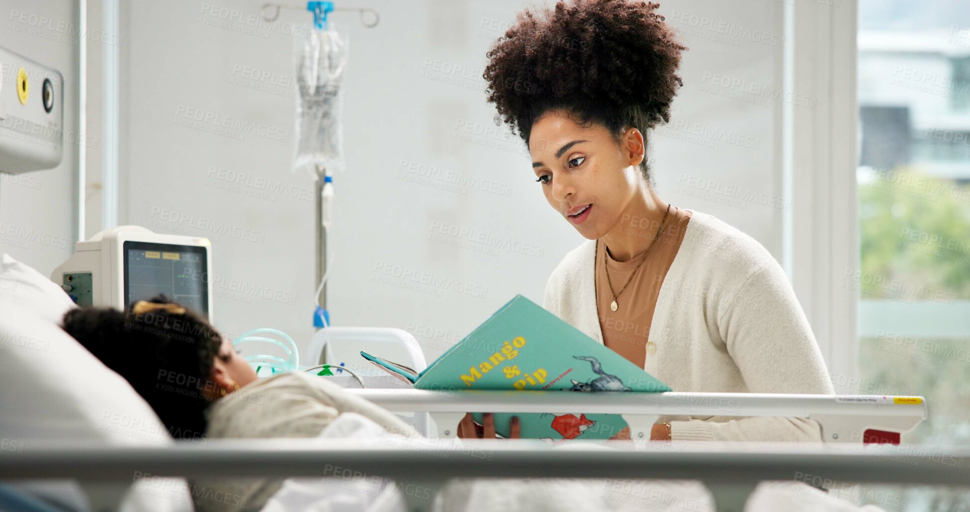 Buy stock photo Medical, mother or child in hospital with book, bonding together or reading in post operation. Healthcare, literature or kid in clinic with storytelling, support or connection in surgery recovery.