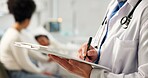 Doctor, hands or writing in hospital with folder for pediatric patient history, medical record or info. Pediatrician, man or taking notes with clipboard for health insurance plan, checklist or admin.