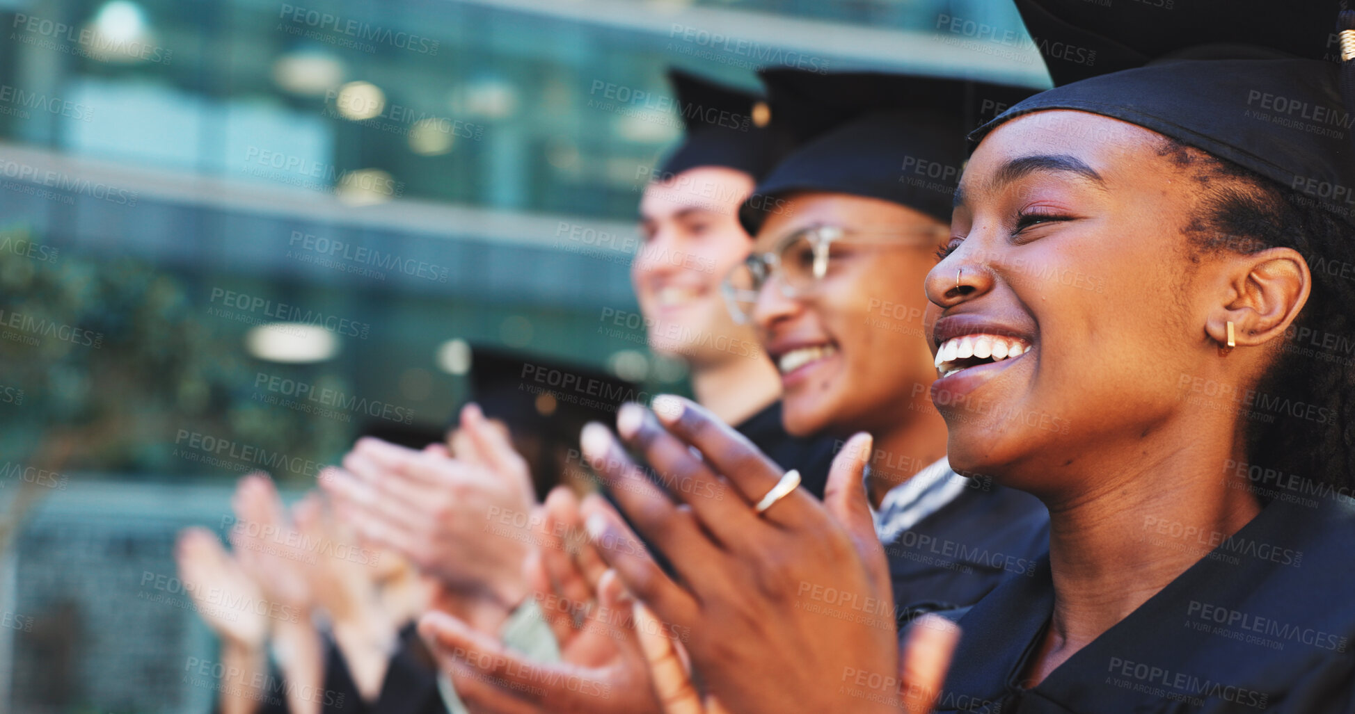 Buy stock photo Applause, graduation and smile with woman in college for celebration, diploma success and ceremony. Achievement, university degree and academy pride with people on campus for scholarship event