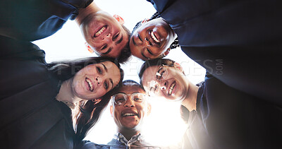 Buy stock photo Students, graduation and portrait in low angle, happy or circle with education goals at university. People, group and smile with hug, achievement and friends for pride, excited or success at college