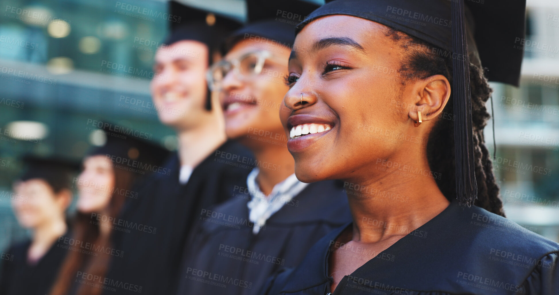 Buy stock photo Happy people, students and graduation with ceremony for scholarship, qualification or university. Group, diversity and graduate with smile or class for academic celebration, achievement or milestone