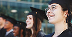 Happy, graduation and students with woman in college for celebration, diploma success and ceremony. Achievement, university degree and academy pride with people on campus for scholarship event