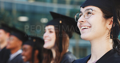 Buy stock photo Happy, graduation and students with woman in college for celebration, diploma success and ceremony. Achievement, university degree and academy pride with people on campus for scholarship event