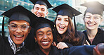 Selfie, excited and portrait of students at graduation for achievement, education and university. Campus, happy and group of college friends with photography picture for memory with pride at ceremony