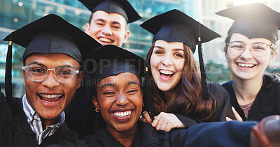 Buy stock photo Selfie, excited and portrait of students at graduation for achievement, education and university. Campus, happy and group of college friends with photography picture for memory with pride at ceremony