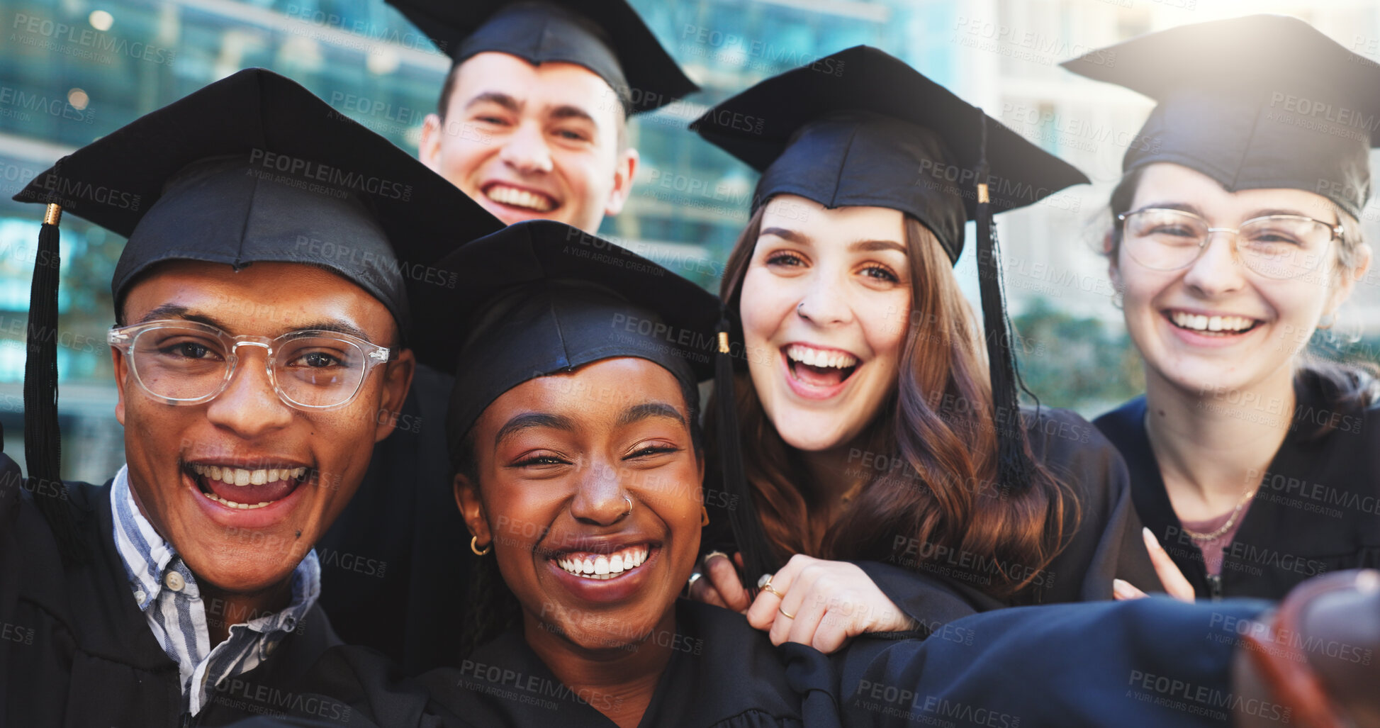 Buy stock photo Selfie, excited and portrait of students at graduation for achievement, education and university. Campus, happy and group of college friends with photography picture for memory with pride at ceremony