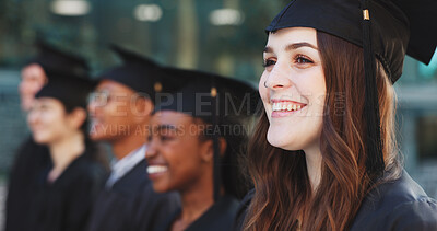 Buy stock photo Smile, graduation and students with woman in college for celebration, diploma success and ceremony. Achievement, university degree and academy pride with people on campus for scholarship event
