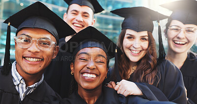 Buy stock photo Selfie, happy and portrait of friends at graduation for achievement, education and university. Campus, smile and group of college students with photography picture for memory of learning goal.