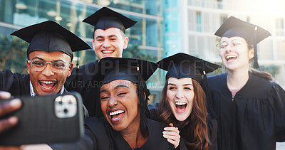 Buy stock photo Selfie, excited and friends at graduation for education, achievement and goal at university. Pride, happy and group of college students with photography picture for memory together at ceremony.