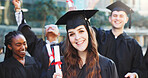 Graduation, event and portrait of woman in college for achievement, scholarship and degree success. University certificate, academy pride and diploma with students on campus for award ceremony