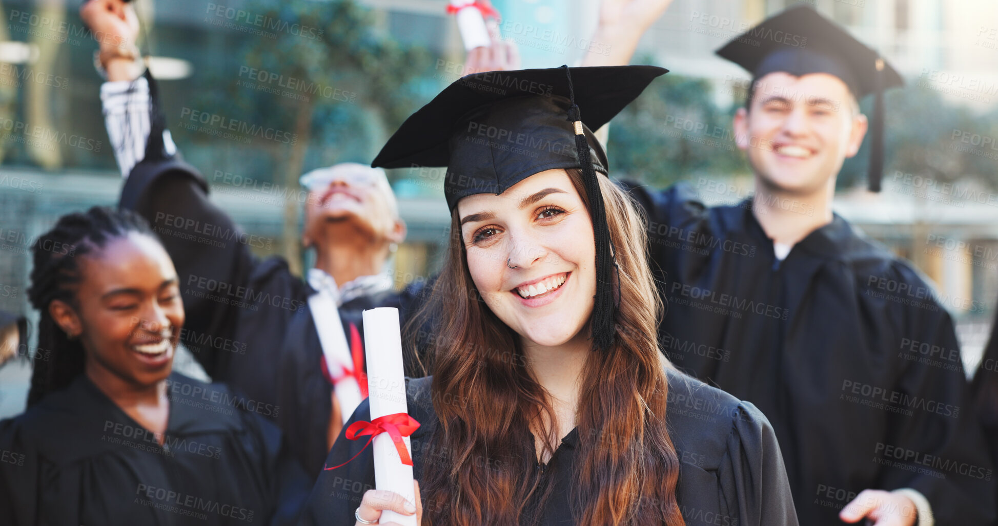 Buy stock photo Graduation, diploma and portrait of woman in college for achievement, scholarship and degree success. University certificate, academy pride and event with students on campus for award ceremony