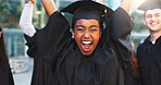 Portrait, excited woman and celebrate graduation, success or education achievement outdoor. Graduate, person and happy student cheering for milestone, college goal or university target with friends