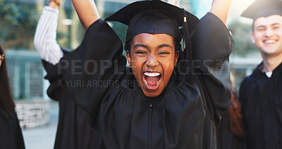Buy stock photo Portrait, excited woman and celebrate graduation, success or education achievement outdoor. Graduate, person and happy student cheering for milestone, college goal or university target with friends