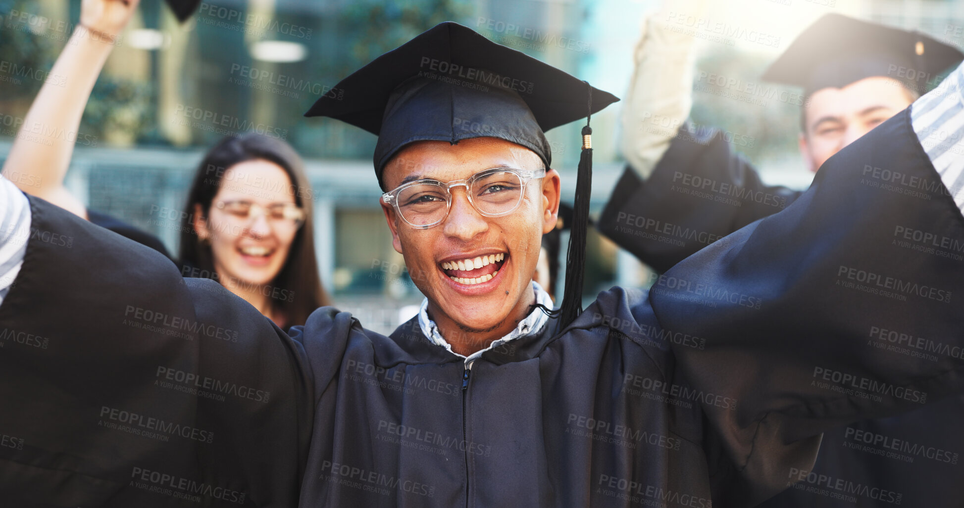 Buy stock photo Portrait, excited man and celebrate graduation, success or education achievement outdoor. Graduate, person and happy student cheering for milestone, college goal or university target with friends