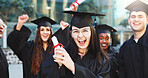 Graduation, excited and portrait of woman in college for achievement, scholarship and degree success. University certificate, academy pride and diploma with students on campus for award ceremony