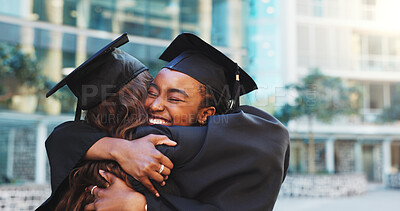 Buy stock photo Happy woman, hug and celebrate graduation with success, education achievement or congratulations. Graduate, students and people embrace for milestone, college goal or future with friends outdoor