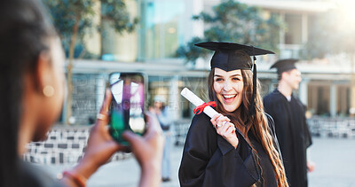 Buy stock photo Graduation, photography and woman with certificate, university and excited for success or milestone. Student, laugh and people with robes for ceremony, education or picture for achievement in college