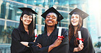Happy woman, portrait and graduation with certificate for scholarship, qualification or university. Female people, graduate or group of friends with smile for academic success or milestone in city