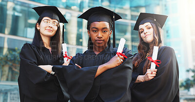 Buy stock photo Women, group and graduation with certificate in city, arms crossed and education goals at university. People, students and portrait with diploma, achievement and milestone with success at college