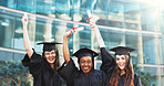 Graduation, diploma and portrait of friends in college for achievement, scholarship and degree success. University certificate, academy pride and scroll with women on campus for award ceremony