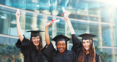 Buy stock photo Graduation, diploma and portrait of friends in college for achievement, scholarship and degree success. University certificate, academy pride and scroll with women on campus for award ceremony