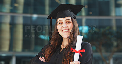 Buy stock photo Happy woman, portrait and student with certificate for graduation, university or qualification. Female person, graduate and smile with diploma or degree for academic achievement, milestone or success