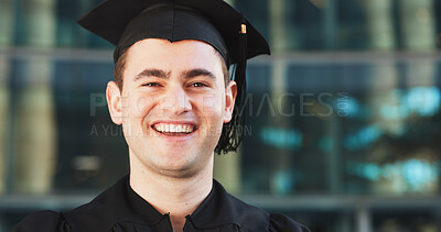 Buy stock photo Man, student and graduation in city with smile, portrait and education achievement with success at campus. Person, cap and gown for excellence ceremony, confidence or scholarship at college in Spain