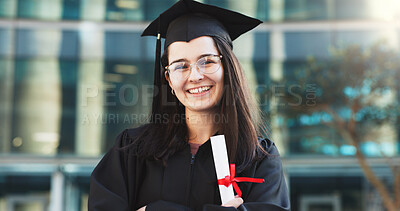 Buy stock photo Happy woman, portrait and student with diploma for graduation, university or qualification. Female person, graduate and smile with certificate or degree for academic achievement, milestone or success