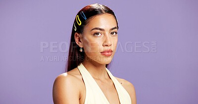 Buy stock photo Portrait, serious and woman with makeup in studio for beauty, natural shine and makeover. Mockup space, gen z and person with confidence of cosmetology, facial glow and aesthetic on purple background