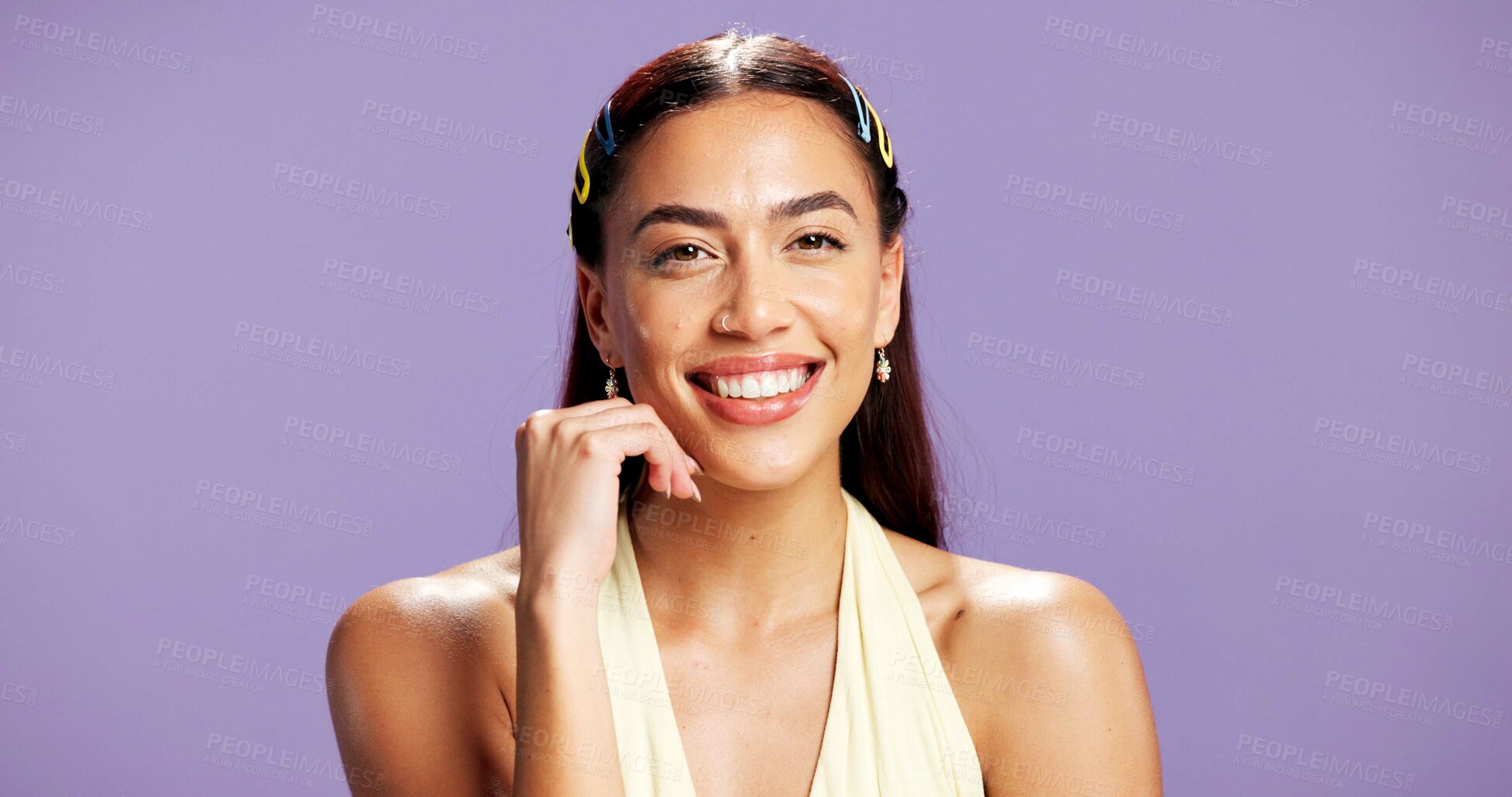 Buy stock photo Portrait, happy and woman with beauty in studio for natural shine and makeover. Mockup space, gen z and person with positive expression for cosmetology, facial glow and aesthetic on purple background