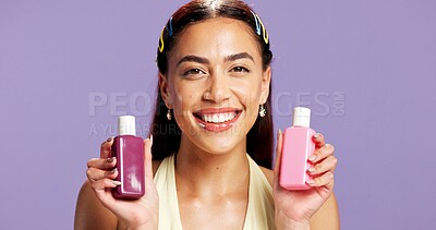 Buy stock photo Beauty, skincare and portrait of woman in studio for cosmetics, hyaluronic acid hydration and self care products. Dermatology, vitamin c and treatment with person on purple background space for glow