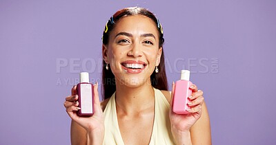 Buy stock photo Beauty, products and portrait of woman in studio for skincare cosmetics, hyaluronic acid hydration and self care. Dermatology, vitamin c and treatment with person on purple background space for glow