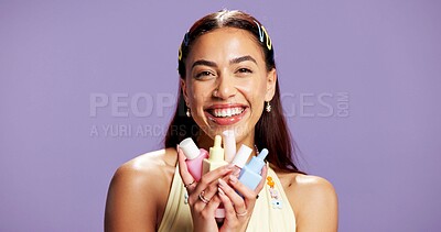 Buy stock photo Beauty, serum and portrait of woman in studio for cosmetics, hyaluronic acid hydration and self care products. Dermatology, vitamin c and treatment with person on purple background space for skincare