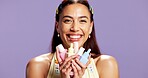 Serum, skincare and portrait of woman in studio for cosmetics, hyaluronic acid hydration and self care products. Dermatology, vitamin c and treatment with person on purple background space for glow