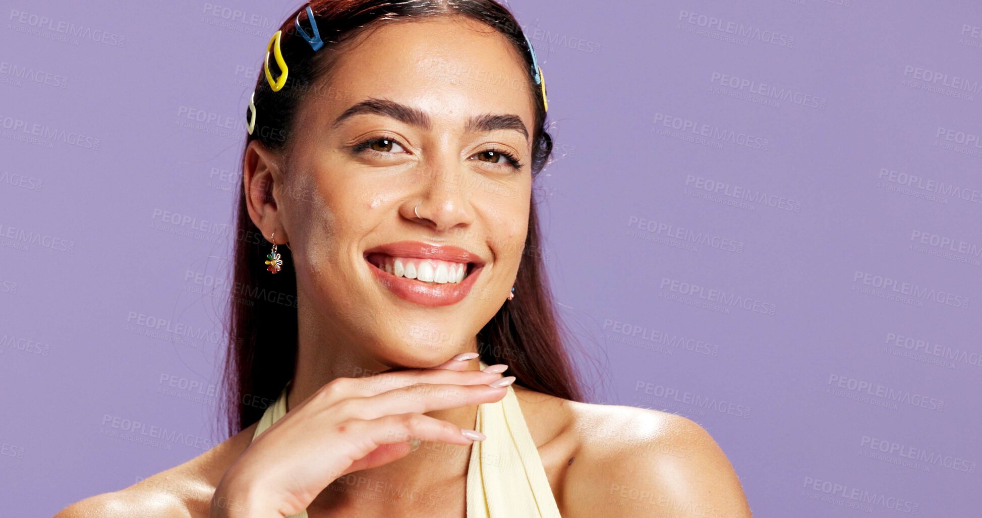 Buy stock photo Portrait, confident and woman with makeup in studio for beauty, natural shine and makeover. Mockup space, gen z and person with smile for cosmetology, facial glow and aesthetic on purple background