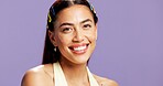 Portrait, smile and woman for beauty in studio with makeup, natural shine and makeover. Mockup space, gen z and person with confident with cosmetology, facial glow and aesthetic on purple background
