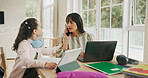 Remote work, phone call and mom with child in home for help with homework, online learning and studying. Family, busy and woman with girl at table for working, education and virtual career on tech