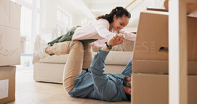 Buy stock photo Happy, child and flying with father in new house for fun activity, airplane games and bonding together. Smile, man and lifting kid in air for fantasy adventure, family connection and playful weekend