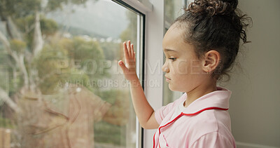 Buy stock photo Sad, kid and thinking at window in home with stress, abandoned and trauma from separation. Reflection, orphan and girl with depression in house from rejection and waiting on adoption at foster care