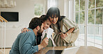 Excited, school report and parents with child in home for score, good grades and exam results. Bonding, family and happy mom, dad and girl hug with card for education, learning success and support
