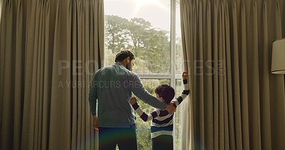 Buy stock photo Travel, back and family in hotel with window, healthy relationship and bonding with scenic view. Tourism, father and child at resort with forest, time together and conversation in shared moment.