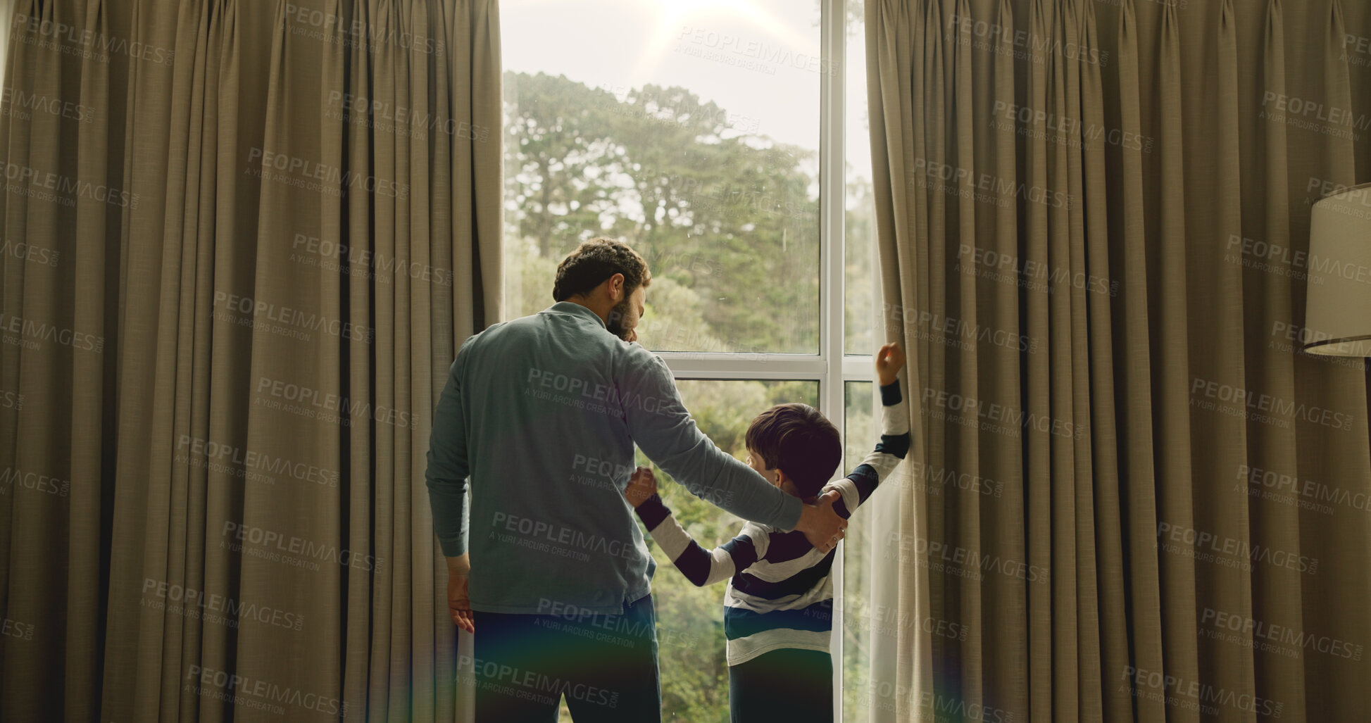 Buy stock photo Travel, back and family in hotel with window, healthy relationship and bonding with scenic view. Tourism, father and child at resort with forest, time together and conversation in shared moment.